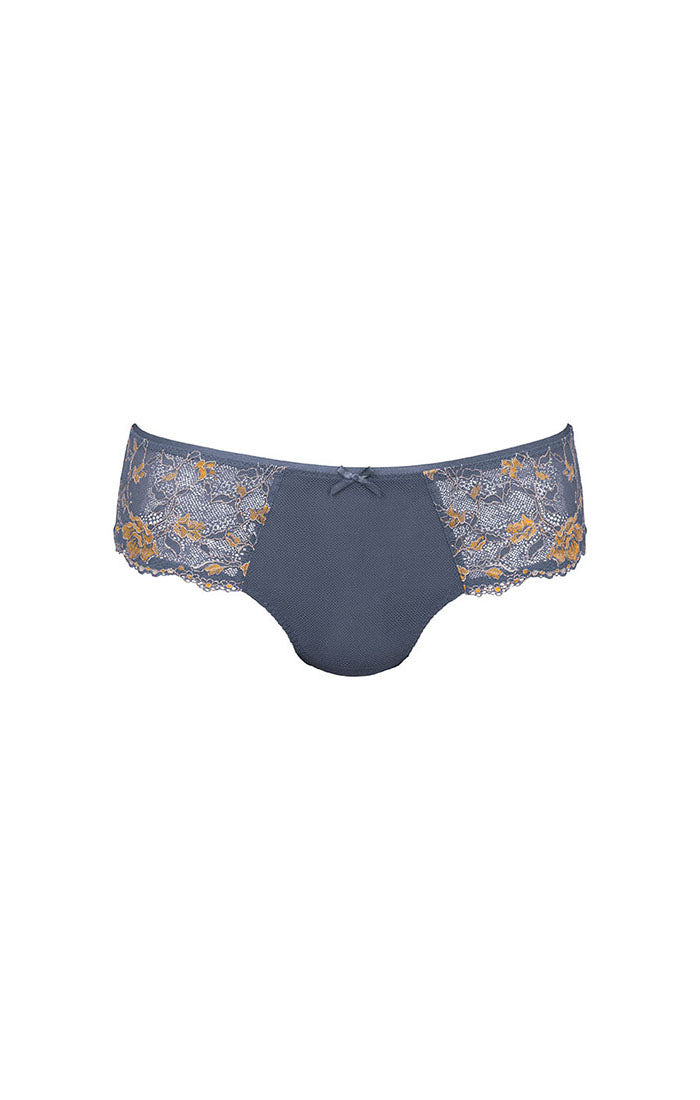 Navy blue underwear with floral lace trim on a white background
