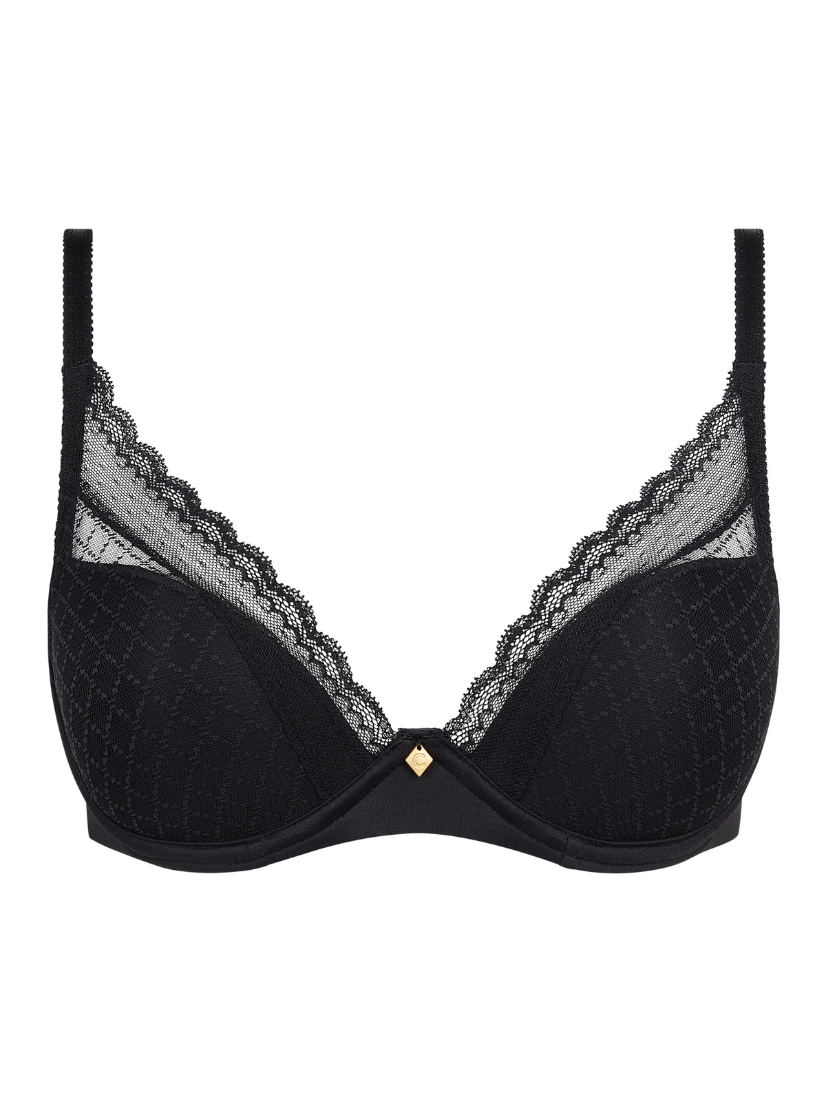 Black bra with lace details on a white background