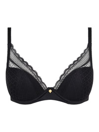 Black bra with lace details on a white background
