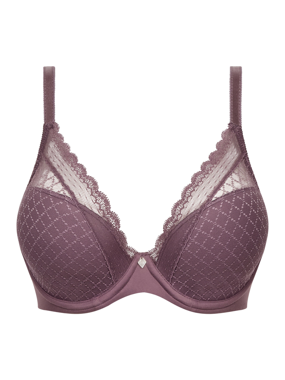 A dusty purple underwire bra with a textured mesh pattern, scalloped lace cups, and thin adjustable shoulder straps, shown against a plain white background.