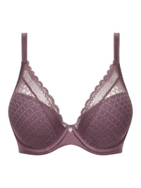 A dusty purple underwire bra with a textured mesh pattern, scalloped lace cups, and thin adjustable shoulder straps, shown against a plain white background.