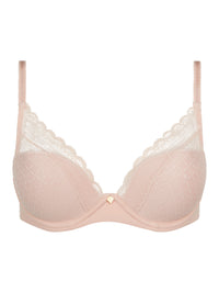 Rose nude bra with lace details on a white background