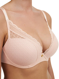 Rose nude bra with lace details on a white background