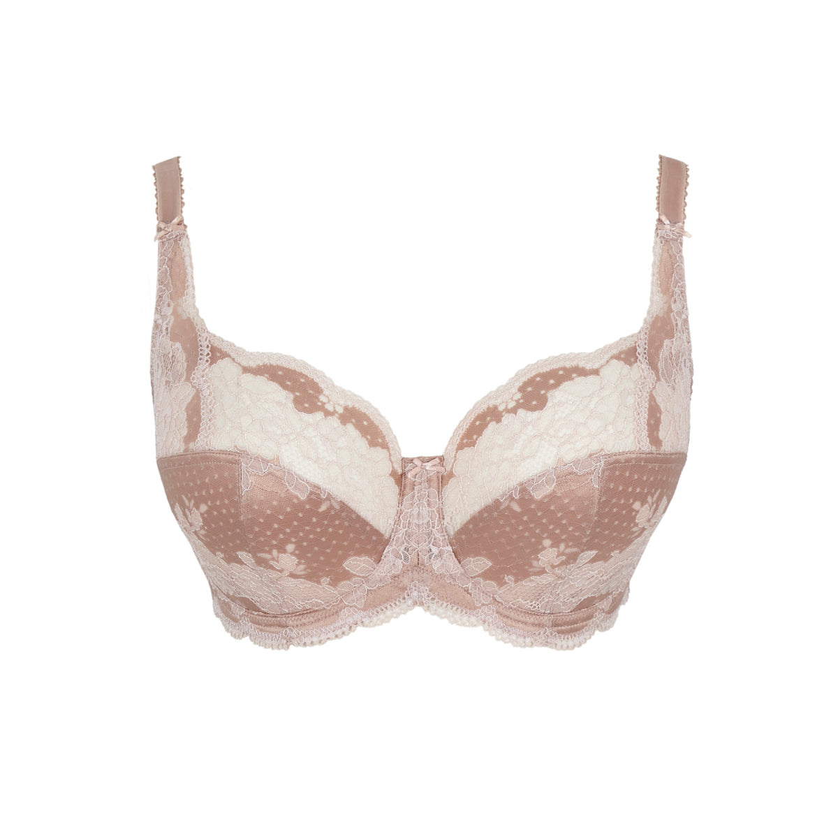 Lace bra in beige and white on a white background