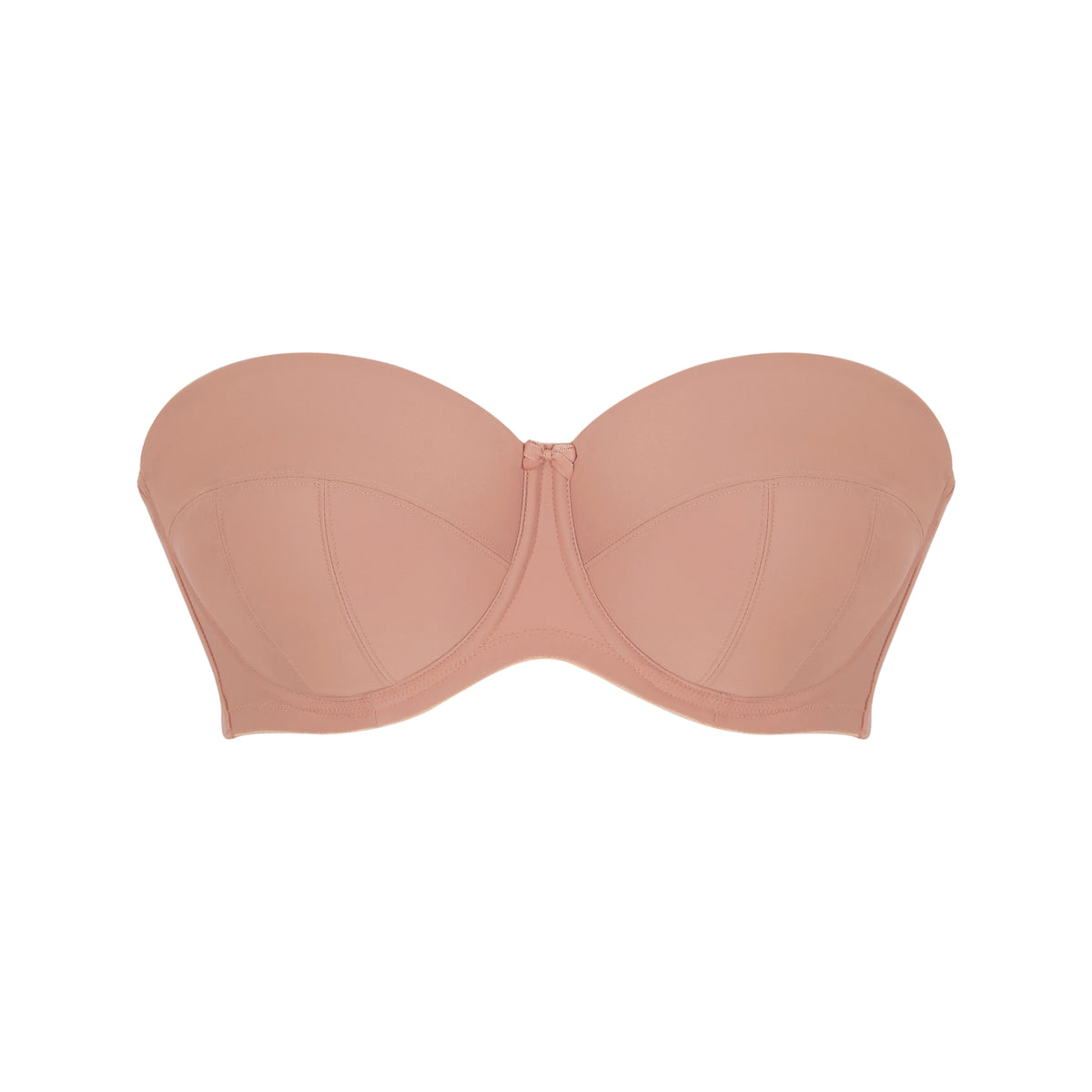 Beige strapless bra on a white background