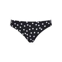 Black bikini bottom with white polka dots on a white background