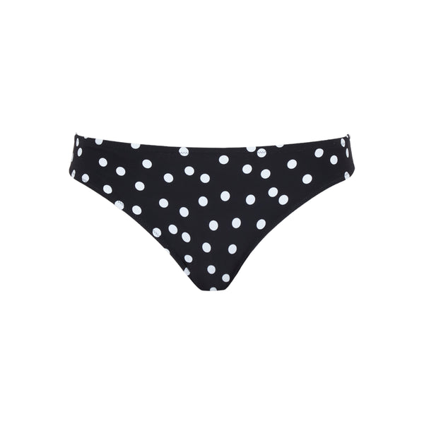 Black bikini bottom with white polka dots on a white background