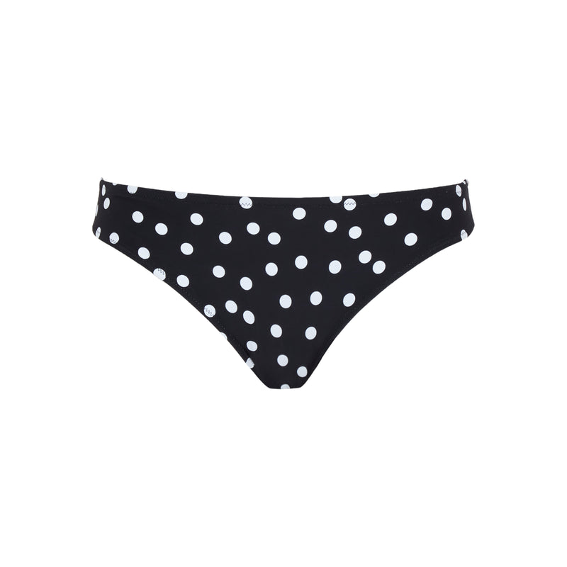 Black bikini bottom with white polka dots on a white background