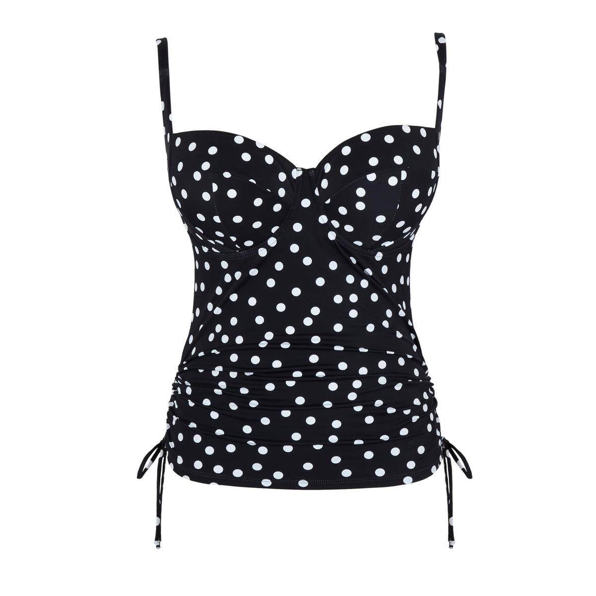 Black tank top with white polka dot pattern on a white background