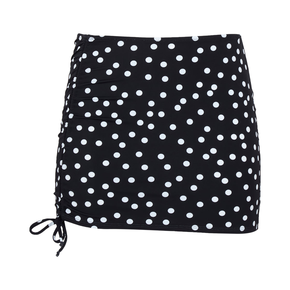 Black skirt with white polka dot pattern on a white background