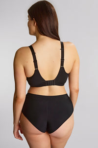 A woman shown from the back wearing a black bralette with adjustable shoulder straps and matching high-waisted briefs against a light gray studio background.