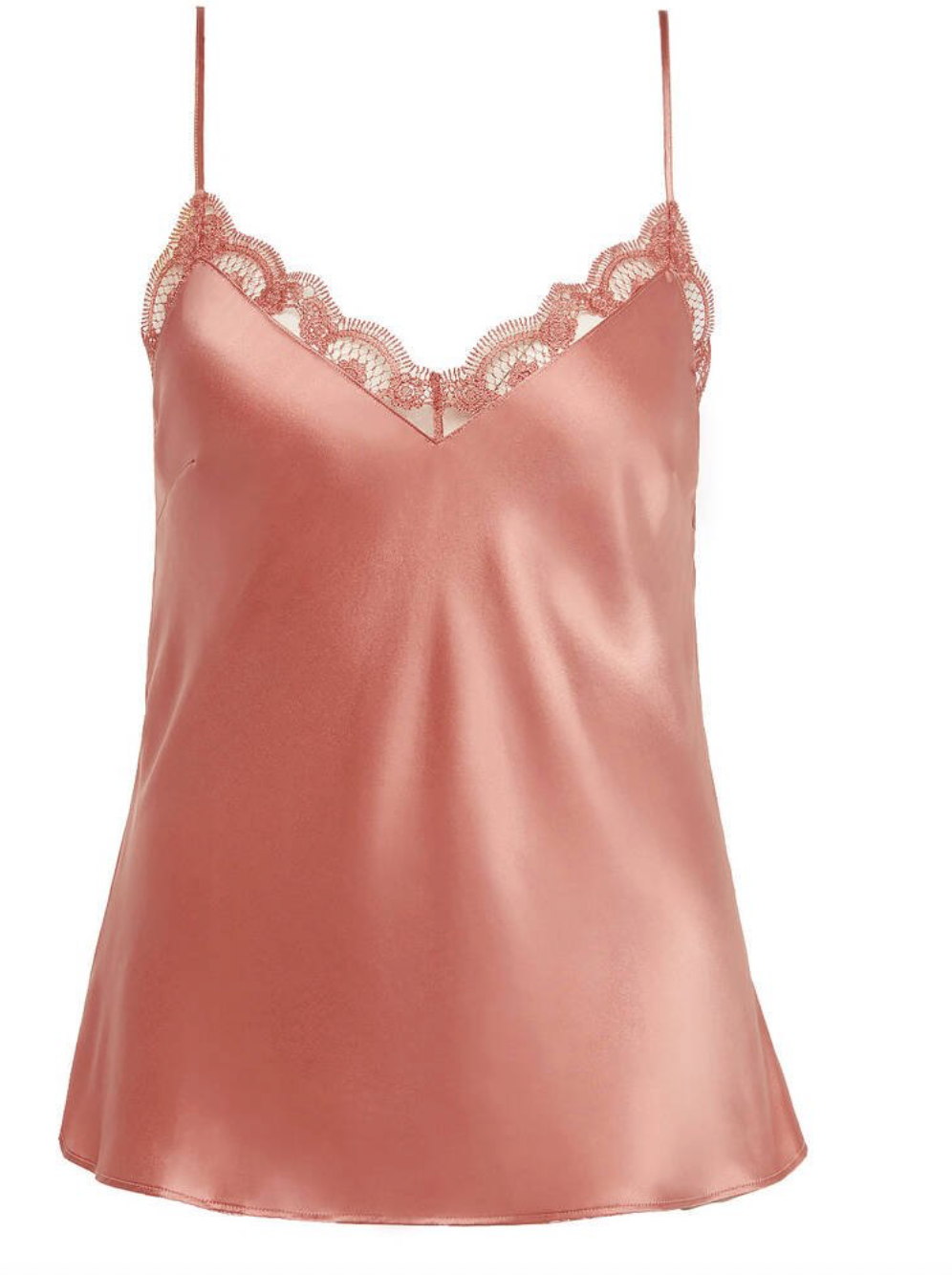 Rose gold silk camisole with lace trim on a white background