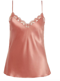 Rose gold silk camisole with lace trim on a white background