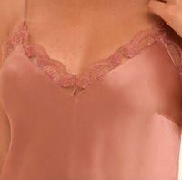 Close-up of a pink silk slip with lace trim