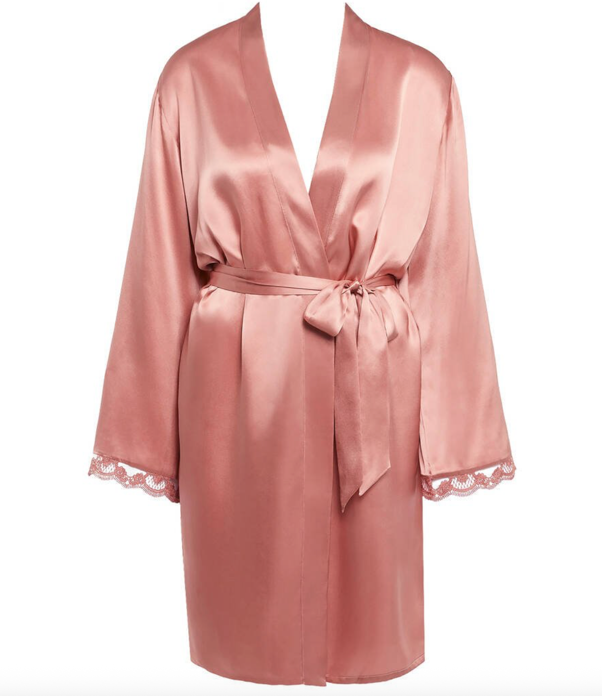 Pink silk robe with lace cuffs on a white background