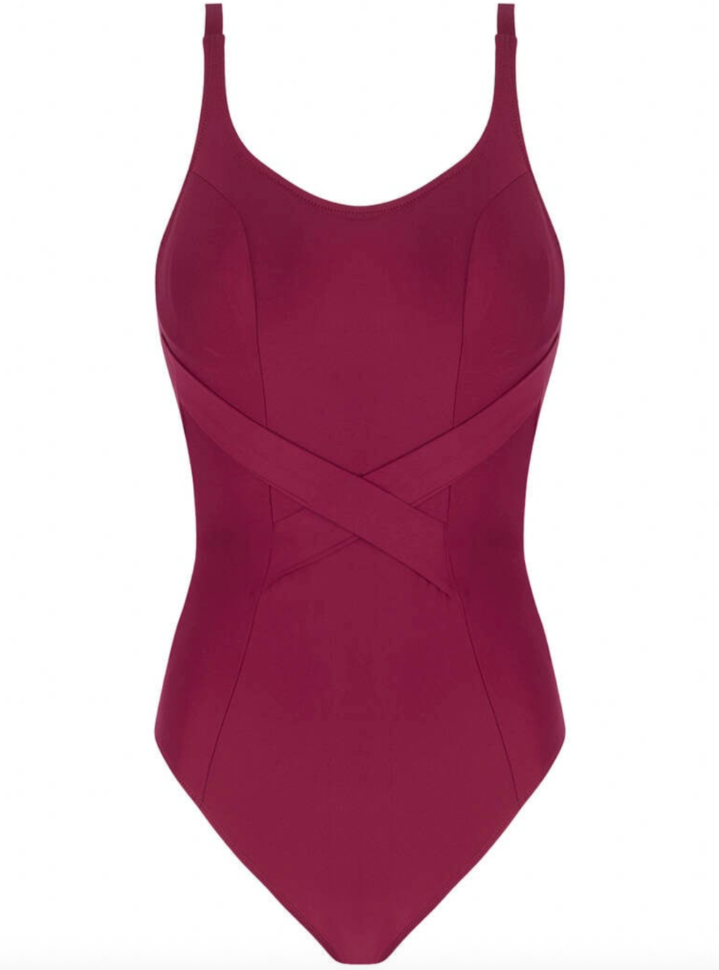 Maroon swimsuit with criss-cross design on a white background