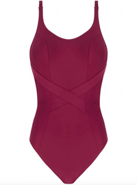 Maroon swimsuit with criss-cross design on a white background