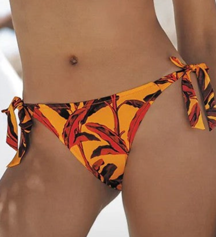 Tropical patterned bikini bottom on a neutral background