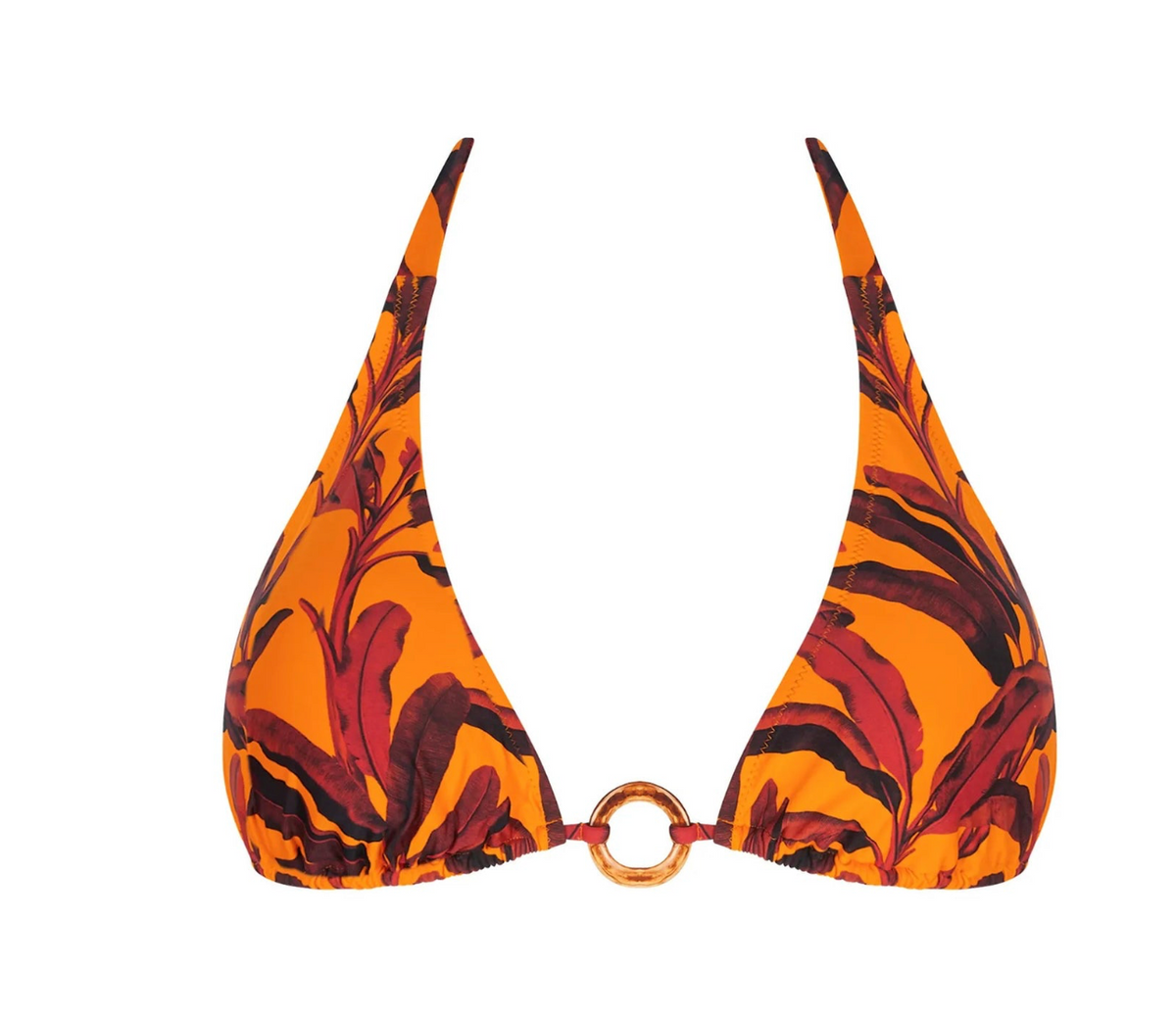 Orange and brown patterned bikini top on a white background