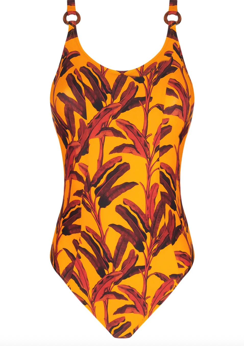 One-piece swimsuit with leaf pattern on a white background