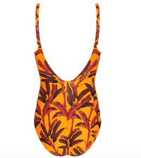 One-piece swimsuit with leaf pattern on a white background