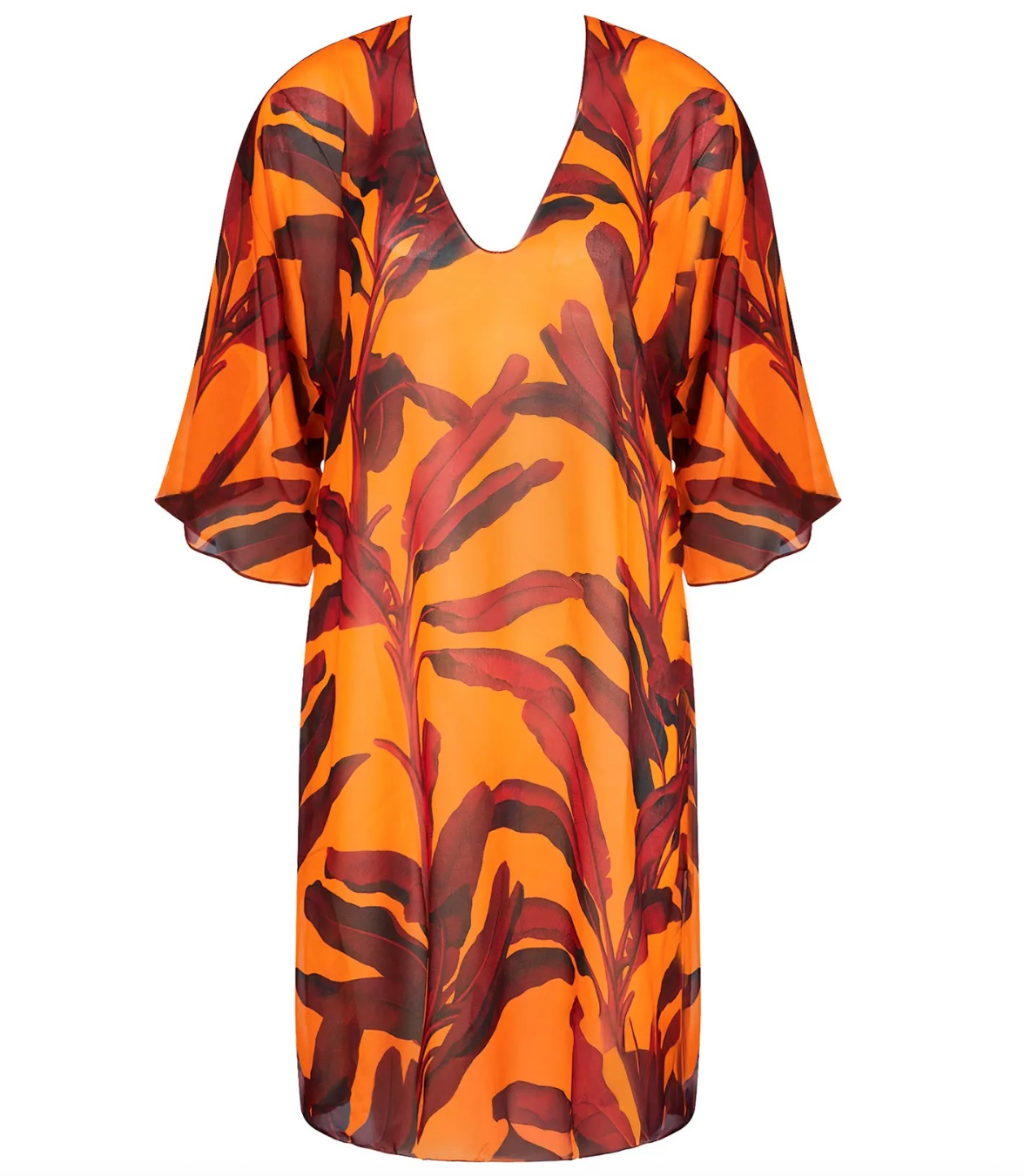 Orange and brown patterned dress on a white background