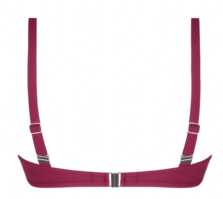 Maroon bikini top with thin straps on a white background