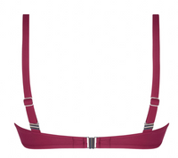 Maroon bikini top with thin straps on a white background