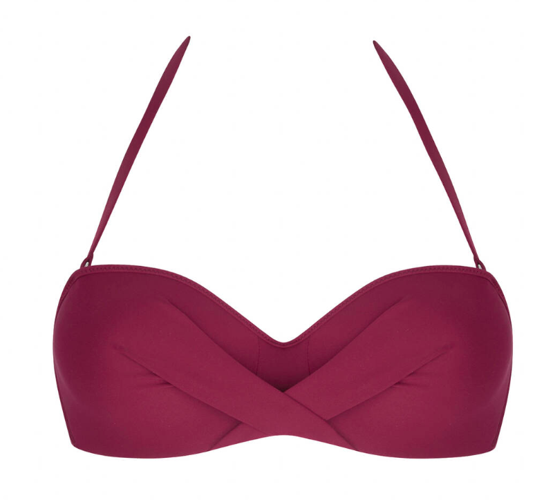 Maroon bikini top with thin straps on a white background