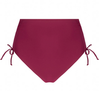 Maroon bikini bottom with string ties on a white background