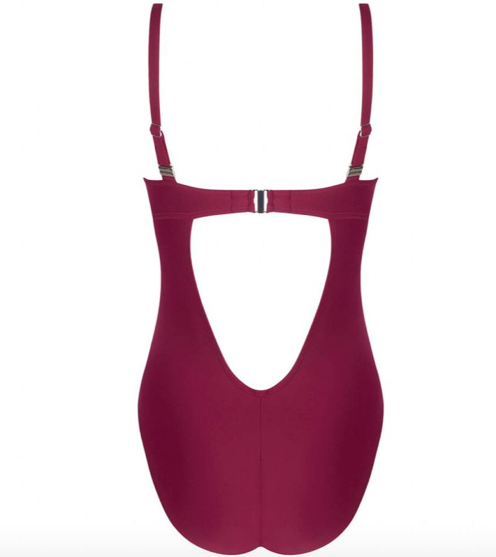 Maroon swimsuit with thin straps on a white background