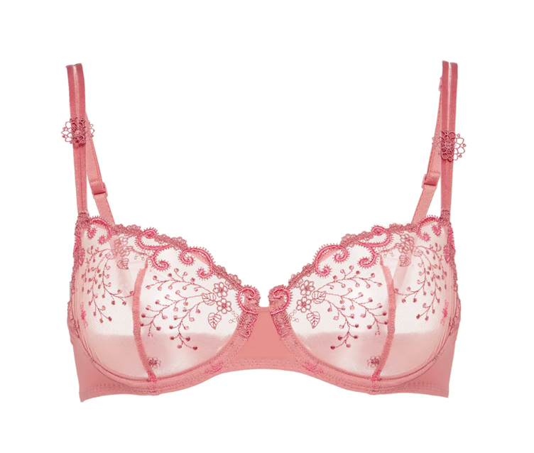 Pink bra with lace detailing on a white background