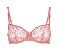 Pink bra with lace detailing on a white background