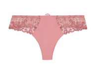 Pink lace-trimmed underwear on a white background