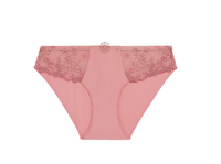 Pink women's underwear with lace details on a white background