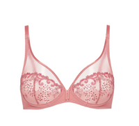 Pink bra with lace detailing on a white background