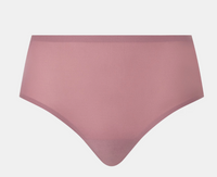 Mauve high-waisted bikini bottom on a light gray background