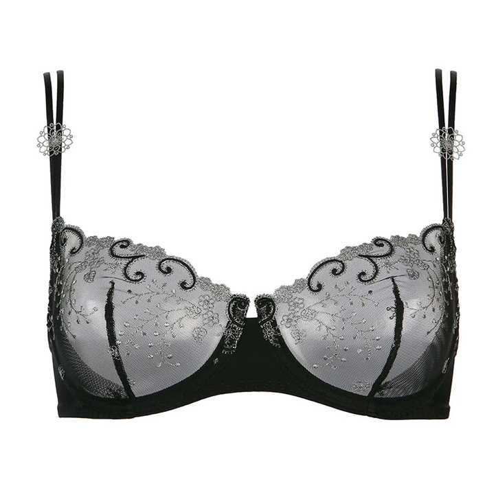 Black bra with decorative patterns on a white background