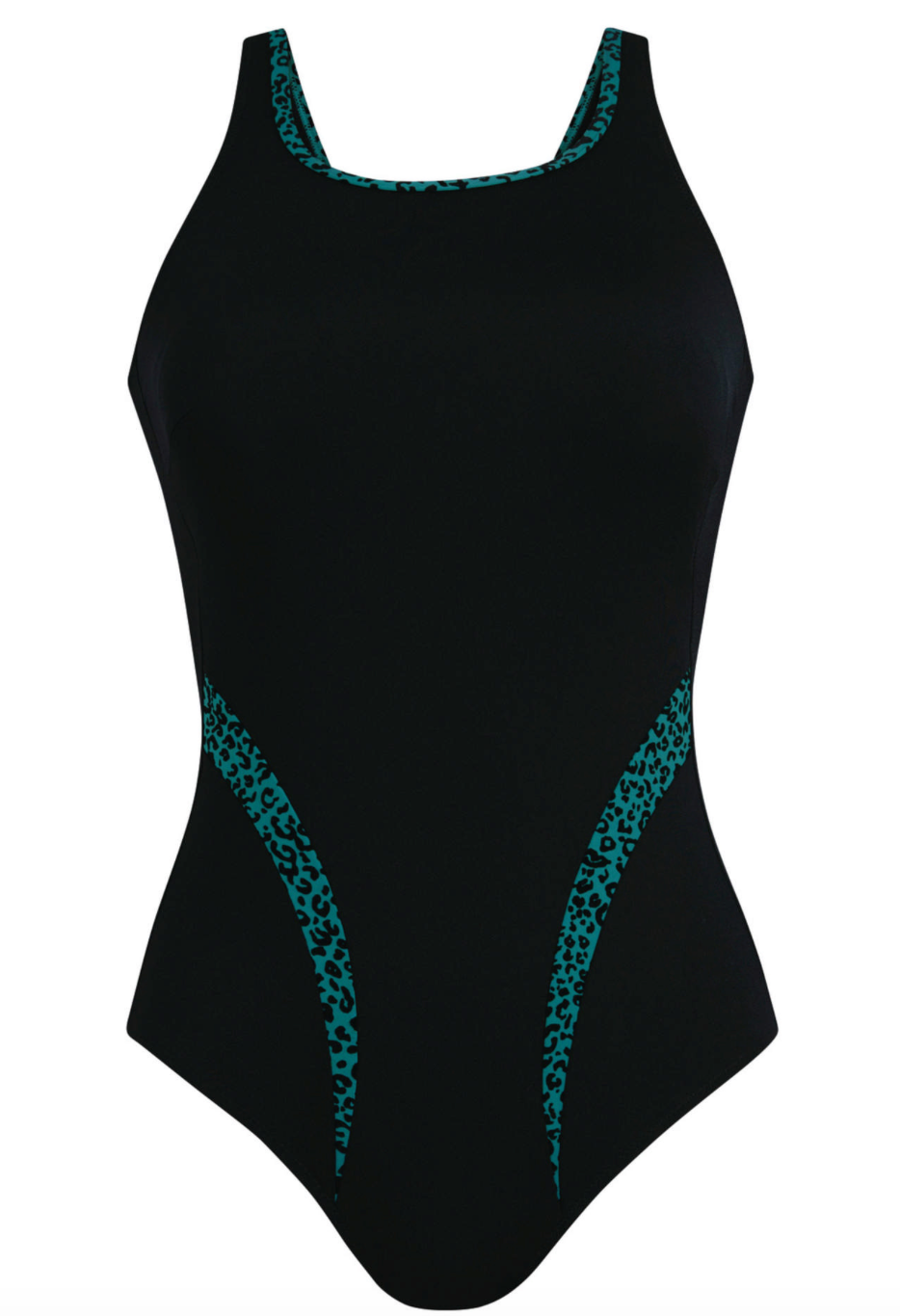 Black swimsuit with teal accents on a white background