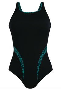 Black swimsuit with teal accents on a white background