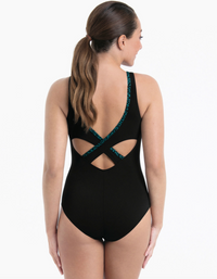 Black swimsuit with cut-out design on a white background
