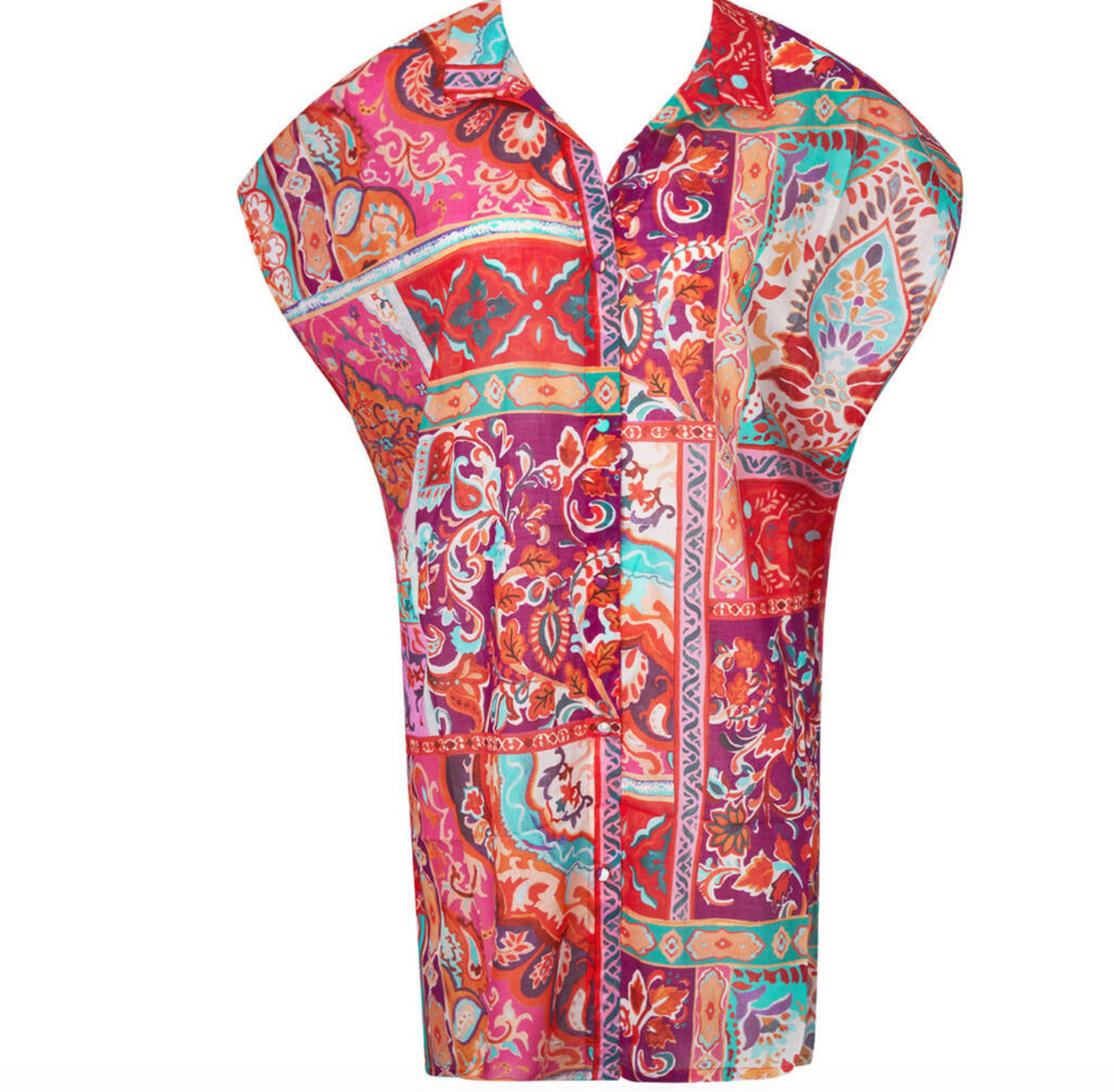 Colorful patterned sleeveless top on a white background