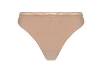 Beige bikini bottom with a subtle pattern on a white background