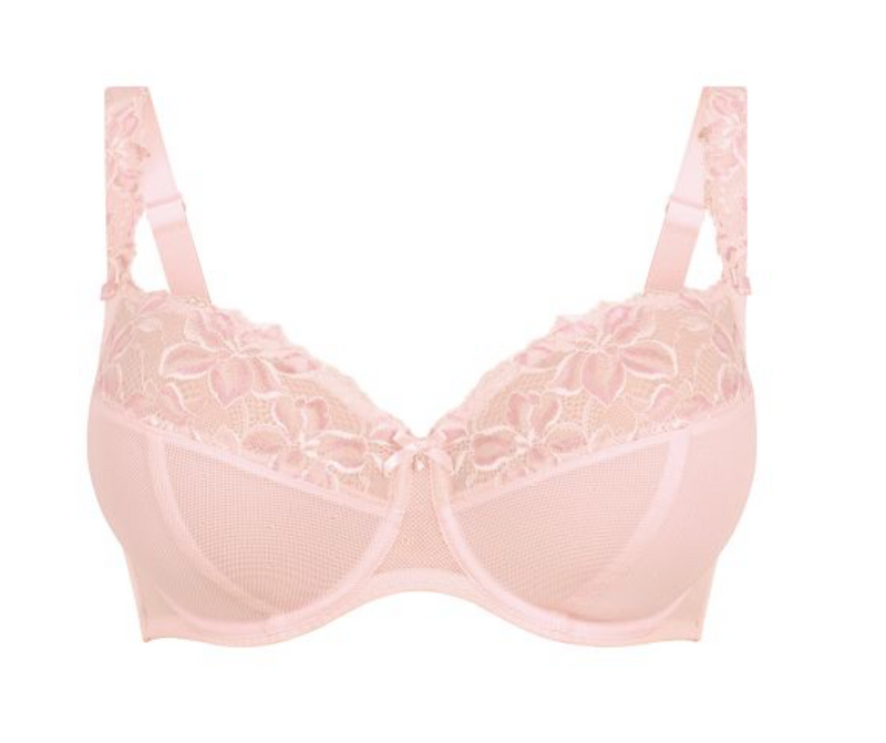Pink bra with lace details on a white background