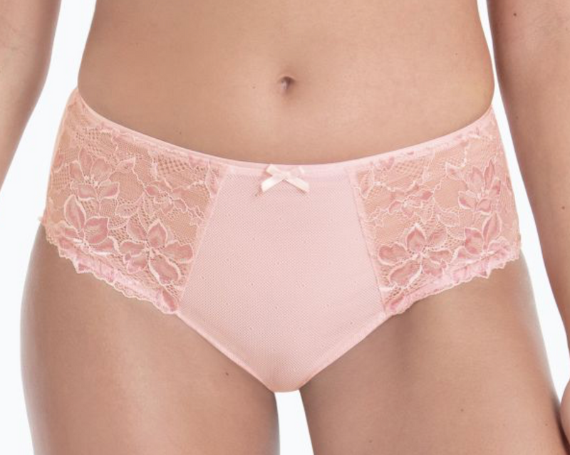 Pink lace underwear on a white background