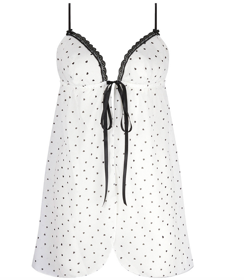 A babydoll set with black tiny hearts. 