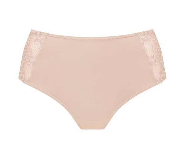 Beige women's underwear with lace trim on a white background