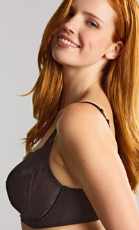 Woman wearing a black bra against a plain background