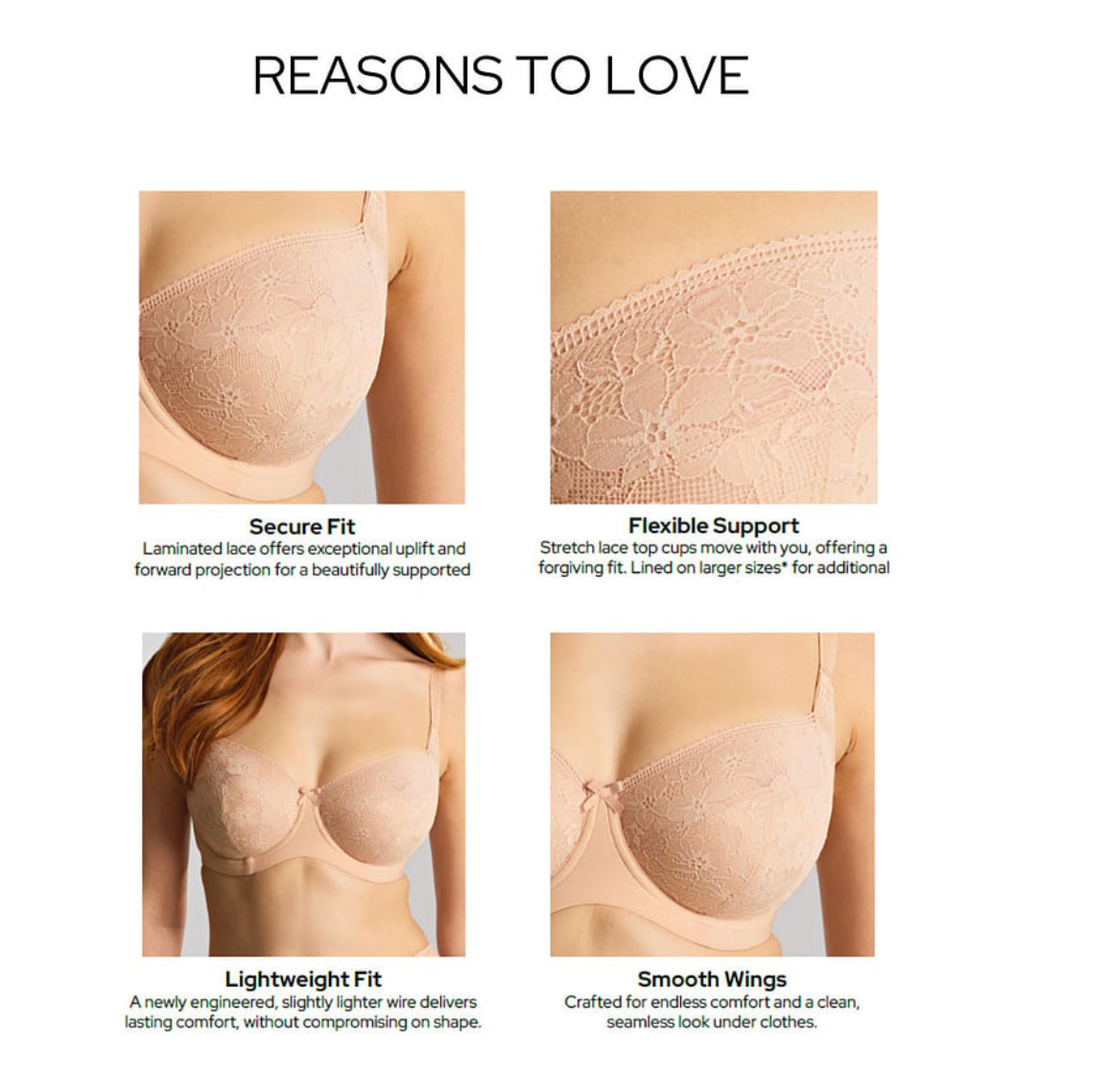 Woman is wearing a nude lace balcony bra and underwear set. 
