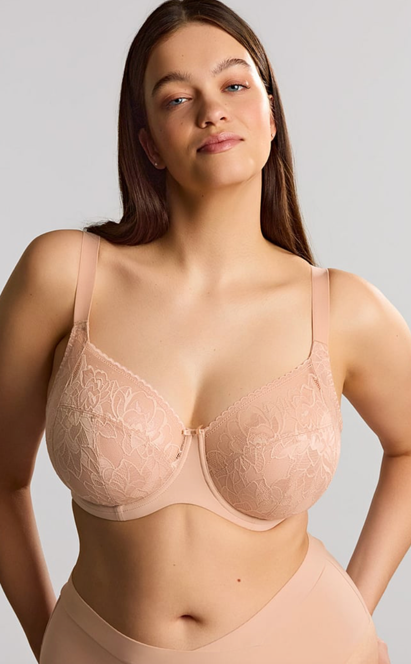 Woman is wearing a nude lace bra and full briefs. 